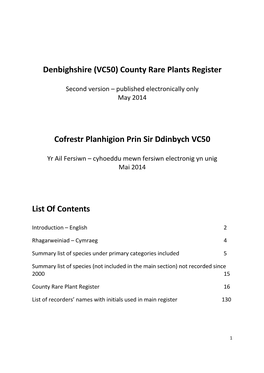 County Rare Plants Register Cofrestr Planhigion Prin Sir Ddinbych VC50 List of Contents