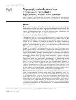 Biogeography and Endemism of Ants (Hymenoptera: Formicidae) in Baja California, Mexico: a First Overview