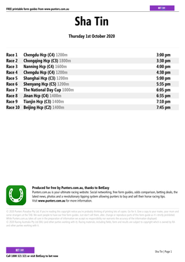 Sha Tin Printable Form Guide