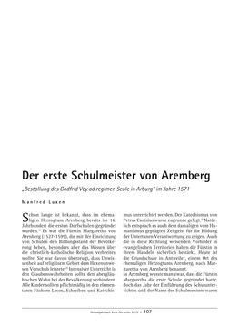 Der Erste Schulmeister Von Aremberg „Bestallung Des Godfrid Vey Ad Regimen Scole in Arburg“ Im Jahre 1571