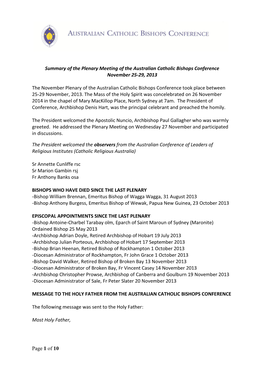 Page 1 of 10 Summary of the Plenary Meeting of the Australian Catholic Bishops Conference November 25-29, 2013 the November Plen