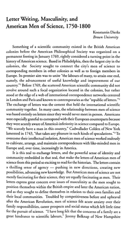 Letter Writing, Masculinity, and American Men of Science, 1750-1800 Konstantin Dierks Brown University