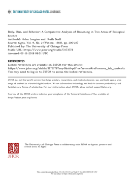 A Comparative Analysis of Reasoning in Two Areas of Biological Science Author(S): Helen Longino and Ruth Doell Source: Signs, Vol