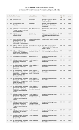 List of ENGLISH Books on Mahatma Gandhi, Available with Gandhi Research Foundation, Jalgaon, MS, India
