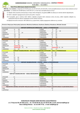 HARMONOGRAM ODBIORU ODPADÓW KOMUNALNYCH - GMINA PONIEC 01.01.2021 R