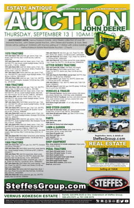 Steffesgroup.Com 1950 TRACTORS SHOP EQUIPMENT 1959 John Deere 430, Wide Front, Gas, 3 Pt., 540 PTO, Goodyear Misc