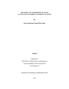 The Effect of Advertising on Sales a Case Study of Mobile Telephony in Sudan