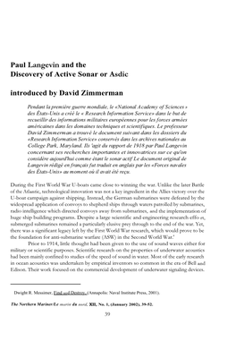 Paul Langevin and the Discovery of Active Sonar Or Asdic Introduced by David Zimmerman