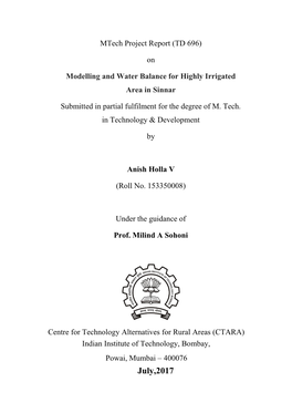 Modelling and Water Balance for Highly Irrigated Area in Sinnar