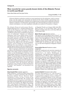 New Records for Some Poorly Known Birds of the Atlantic Forest in North-East Brazil Sônia Aline Roda and Caio José Carlos Cotinga 20 (2003): 17–20