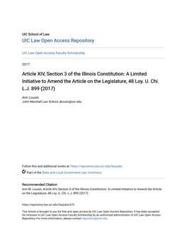 Article XIV, Section 3 of the Illinois Constitution: a Limited Initiative to Amend the Article on the Legislature, 48 Loy