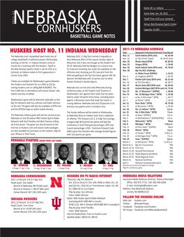 Cornhuskers Capacity: 13,595 Basketball Game Notes