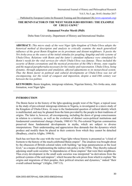 THE BENIN FACTOR in the WEST NIGER IGBO HISTORY: the EXAMPLE of UBULU-UKWU* Emmanuel Nwafor Mordi (Phd) Delta State University