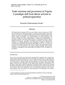 Trade Unionism and Governance in Nigeria: a Paradigm Shift from Labour Activism to Political Opposition