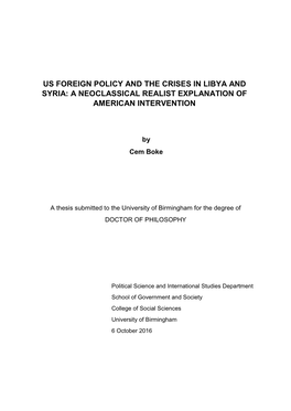 Us Foreign Policy and the Crises in Libya and Syria: a Neoclassical Realist Explanation of American Intervention