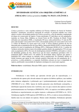 DIVERSIDADE GENÉTICA DA ORQUÍDEA ENDÊMICA E AMEAÇADA Cattleya Granulosa Lindley NA MATA ATLÂNTICA