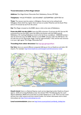 Travel Directions to Port Regis School Address