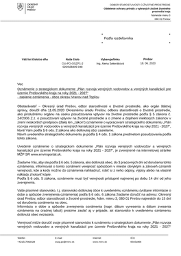 Plán Rozvoja Verejných Vodovodov a Verejných Kanalizácií Pre Územie Prešovského Kraja Na Roky 2021 - 2027“ - Zaslanie Oznámenia - Obce Okresu Vranov Nad Topľou