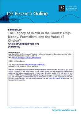 The Legacy of Brexit in the Courts: Ship- Money, Formalism, and the Value of Choice? Article (Published Version) (Refereed)