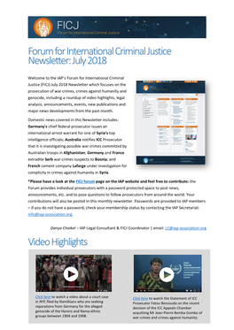 Forum for International Criminal Justice Newsletter: July 2018 Video