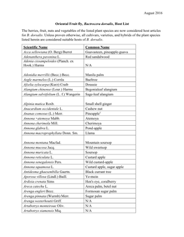 August 2016 Oriental Fruit Fly, Bactrocera Dorsalis, Host List the Berries, Fruit, Nuts and Vegetables of the Listed Plant Speci