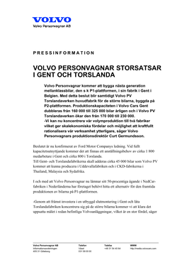 Volvo Personvagnar Storsatsar I Gent Och Torslanda