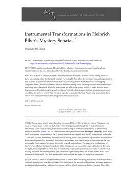 Instrumental Transformations in Heinrich Biber’S Mystery Sonatas *