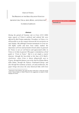 Abstract During the Period of Venetian Rule in Crete (1211–1669) Many Aspects of Venice’S Political and Cultural Life Were Affected by This Cretan Connection