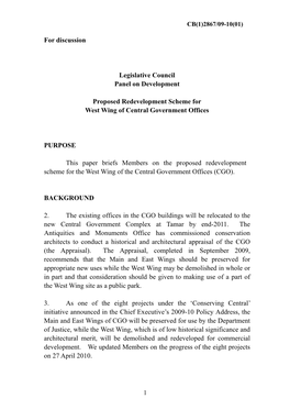 For Discussion Legislative Council Panel on Development Proposed Redevelopment Scheme for West Wing of Central Government Offic