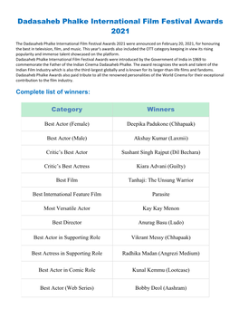 Dadasaheb Phalke International Film Festival Awards 2021