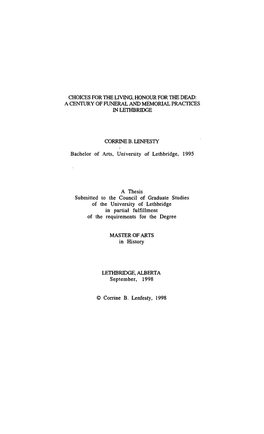 Choices for the Living, Honour for the Dead: a Century of Funeral and Memorial Practices in Lethbridge