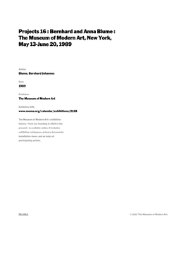 Bernhard and Anna Blume : the Museum of Modern Art, New York, May 13-June 20, 1989