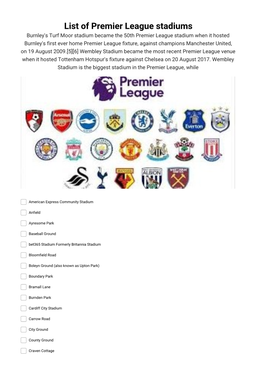 List of Premier League Stadiums