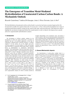 The Emergence of Transition Metal-Mediated Hydrothiolation of Unsaturated Carbon-Carbon Bonds: a Mechanistic Outlook Ricardo Castarlenas,* Andrea Di Giuseppe, Jesús J