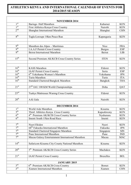 1 Athletics Kenya and International Calendar Of