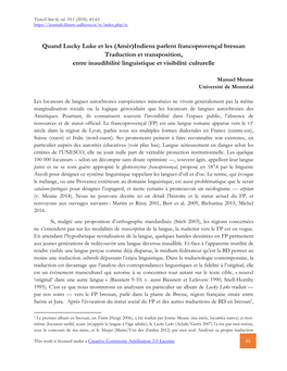 Indiens Parlent Francoprovençal Bressan Traduction Et Transposition, Entre Inaudibilité Linguistique Et Visibilité Culturelle