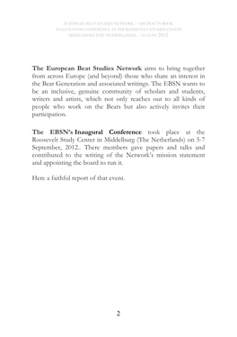 European Beat Studies Network – Abstracts Book Inaguration Conference at the Roosevelt Studies Center Middleburg (The Netherlands ) – August 2012