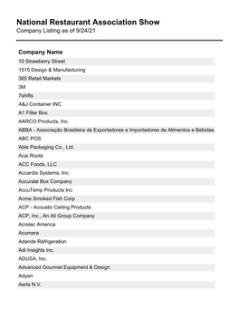 National Restaurant Association Show Company Listing As of 9/24/21