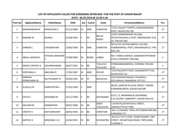 List of Applicants Called for Screening Interview for the Post of Junior Bailiff Date: 06.05.2018 @ 10.00 A.M