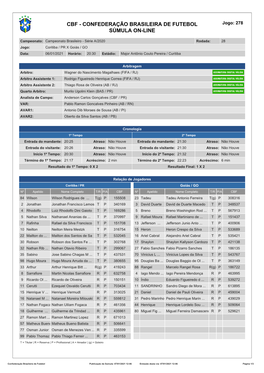 CBF - CONFEDERAÇÃO BRASILEIRA DE FUTEBOL Jogo: 278 SÚMULA ON-LINE