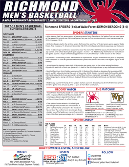 Richmond SPIDERS (1-6) at Wake Forest DEMON DEACONS (3-4) SCHEDULE/RESULTS SPIDERS STARTERS NOVEMBER Nov