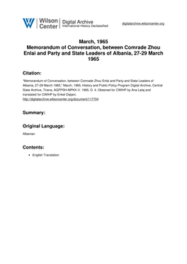 March, 1965 Memorandum of Conversation, Between Comrade Zhou Enlai and Party and State Leaders of Albania, 27-29 March 1965