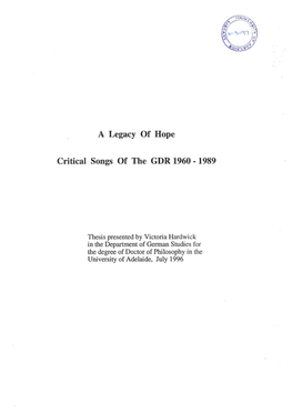 A Legacy of Hope Critical Songs of the GDR 1960-1989