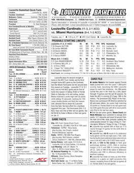 Louisville Cardinals (11-3, 2-1 ACC) Vs. Miami Hurricanes (9-4, 1-2