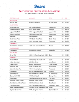 Nationwide Simon Mall Locations See for More Details