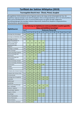 Tarifblatt Der Sektion Wildspitze (2019) Tourengebiet Bezirk Imst - Ötztal, Pitztal, Gurgltal