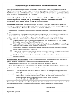 Employment Application Addendum: Veteran's Preference Form