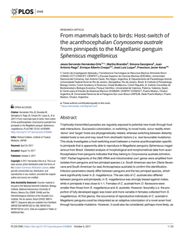 Corynosoma Australe from Pinnipeds to the Magellanic Penguin Spheniscus Magellanicus