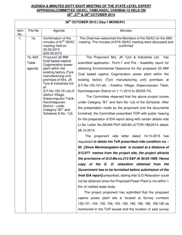 Agenda & Minutes Sixty Eight Meeting of the State Level Expert Appraisalcommittee (Seac), Tamilnadu, Chennai-15 Held On