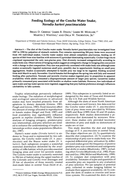 Feeding Ecology of the Concho Water Snake, ~Erodgharteri Paucimaculata